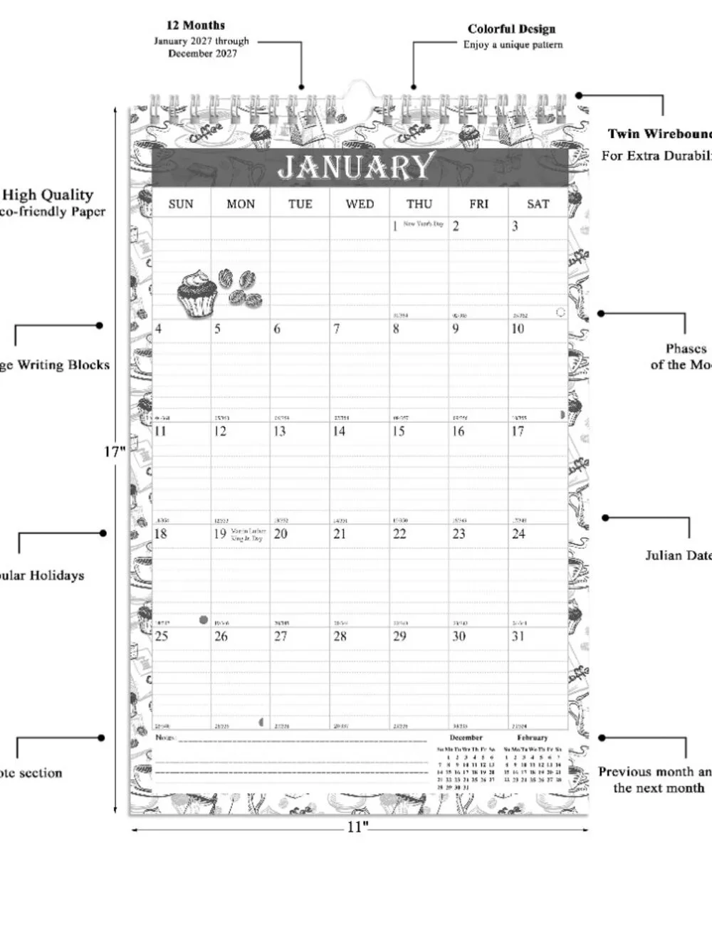 2027 Wall Calendar Spiral-bound Twin-Wire Binding - 12 Months 11